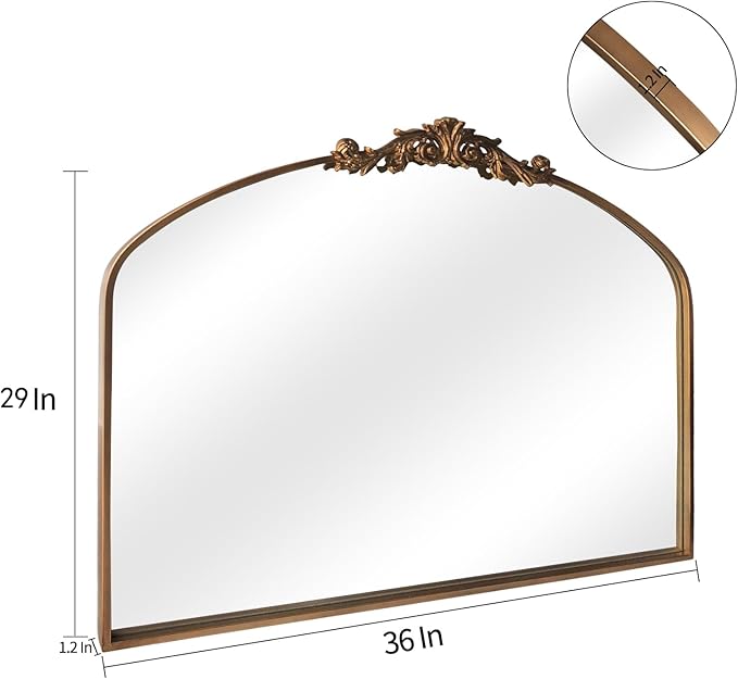 HQiJun Gold Wall Mirror, Large Arched Vintage Baroque Ornate Mirrors, Traditional Decorative Antique Brass Mirror for Entryway, Living Room, Bedroom, Bathroom Vanity, Fireplace Mantel(Gold,29"x36")