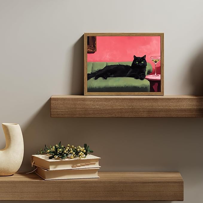 Cute Black Cat With Martini Wall Art Funny Animal Wall Decor Quirky Whimsical Cocktail Bar Cart Canvas Painting Poster Prints Pet Lover Picture Aesthetics for Bedroom Living Room Framed 12x16 inch