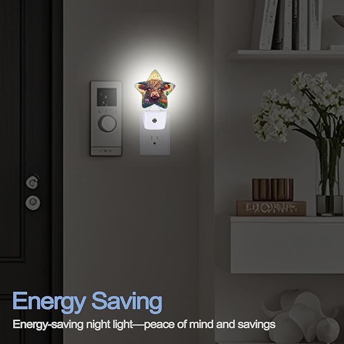 Night Light,Highland Cow Bird Plug into Wall with Dusk to Dawn Light Sensors,Colorful Flowers Warm Star Nightlights for Bedroom,Bathroom,Hallway,Kitchen Home Decor Desk Lamp