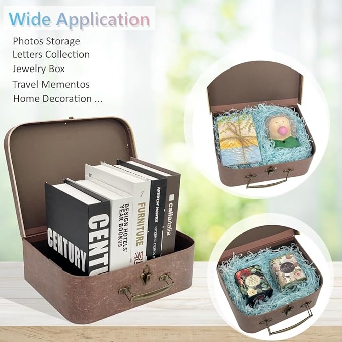 Vintage Decorative Storage Box Set of 3 with Lids, Keepsake & Photo Box, Brown Suitcase Memento Case