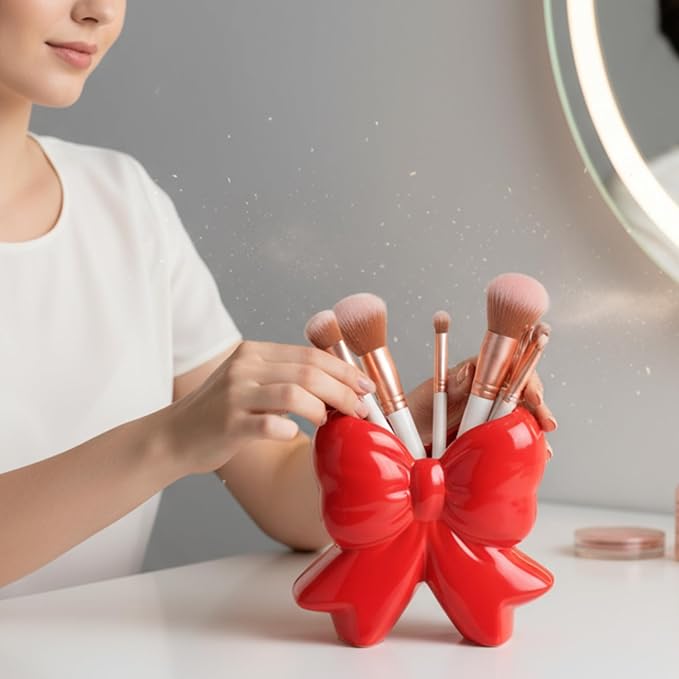 Jingmore Bow Vase Coquette Ceramic Vase Pen Holder Makeup Brush Holder Contemporary Design Decorative Women Gift for Christmas Home Office Shelf Table Room(Red,Small,Classic)