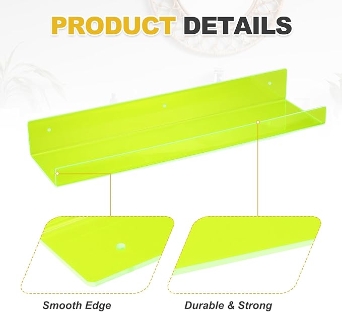 MECCANIXITY 2 Pack Acrylic Shelves for Wall, 15 Inch Fluorescent Green Floating Shelves Wall Mount Display Shelf for Bathroom, Bedroom, Living Room, Room Decor