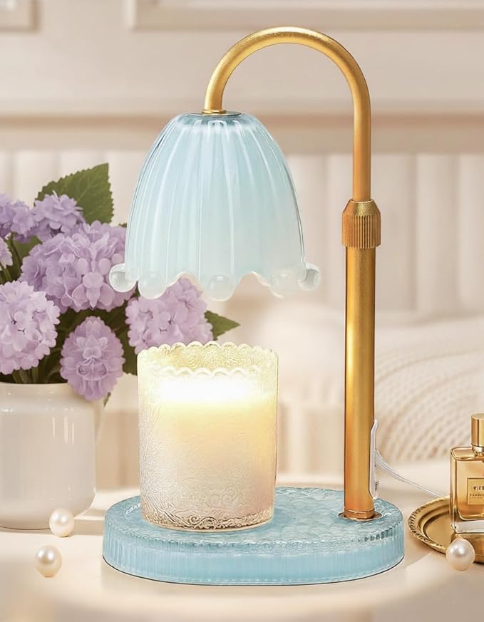 Flower Candle Warmer Lamp with Timer, Vintage Adjustable Glass Warmer Light for Jar Candles, Electric Wax Warming Melter, Gifts for Women Mom, Bedroom Decor (Blue-Flower)