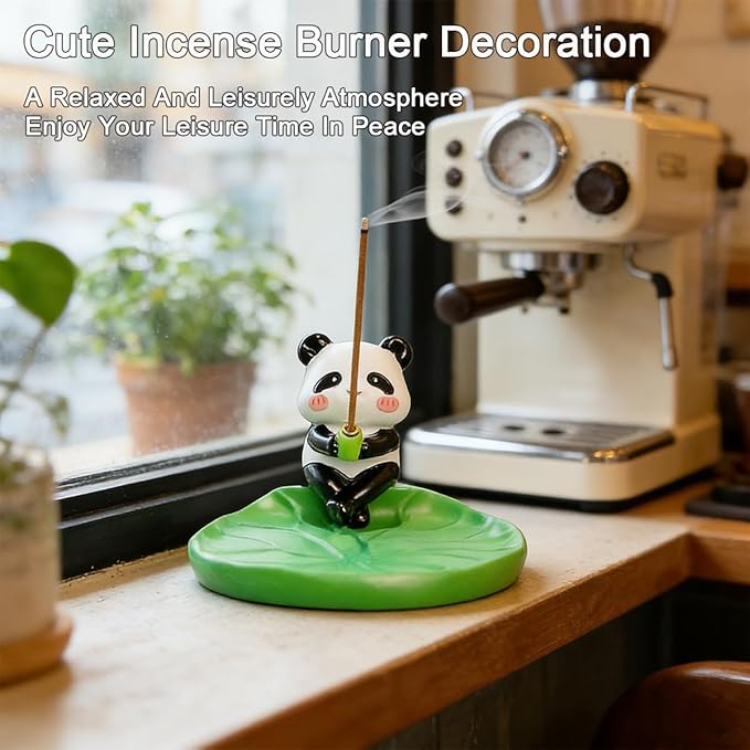 Panda Incense Holder Cute Animal Figurine Incense Burner Ash Catcher Creative Cartoon Resin Panda and Green Lotus Leaf Base Statue for Home Room Decor Meditation Yoga Spa