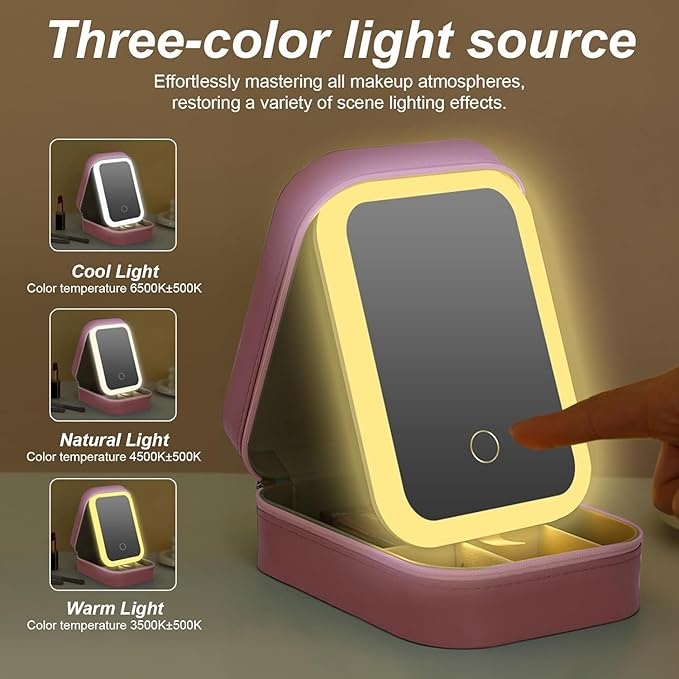 Portable LED Makeup Bag with Adjustable Light-Up Mirror - Three-Color Lighting | Dust-Proof Cosmetic Case with Multi-Compartment Storage and Jewelry Organizer (Pink)