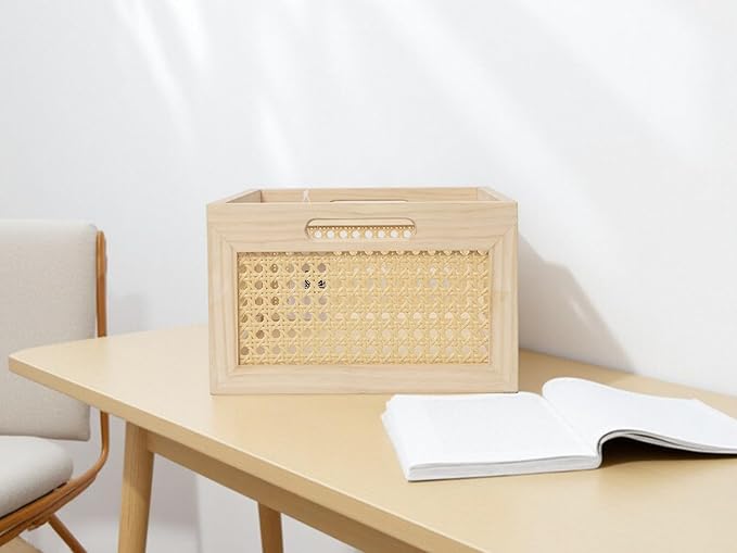 Rattan Storage Basket Wooden Box Wooden Storage Bins Rustic Boho Farmhouse Home Decor Tabletop Desk Shelf Organizer (Original)