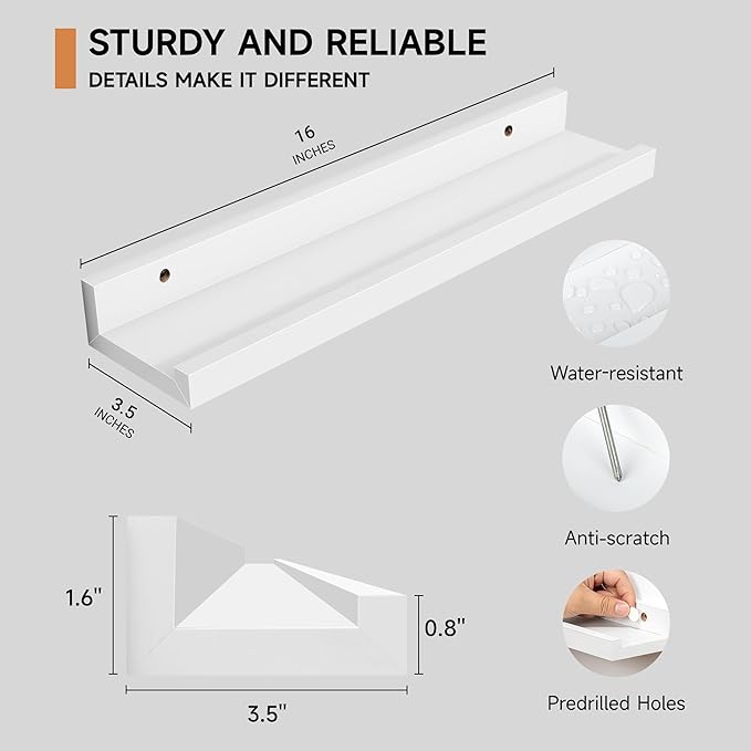 Fun Memories Floating Picture Ledge Shelves, Wall Mounted Wood Storage Shelf for Bedroom, Living Room, Bathroom, Kitchen, Nursery, Display Picture Ledge Shelf Set of 2-16 Inches, White