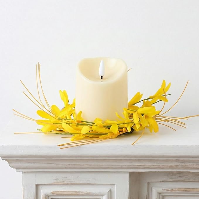 Daifunli 2 Pcs Spring Forsythia Candle Rings Artificial Forsythia Farmhouse Wreaths for Pillar 3.9 Inch Candles Holder for Spring Summer Rustic Table Centerpiece Decor