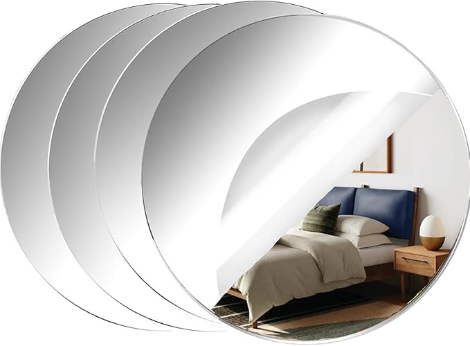 Acrylic Round Mirrors, 8 inch No Glass Circle Mirror Tiles Self Adhesive Mirror Stickers for Wall Home Living Room Bedroom Decor, Small Mirrors for Crafts (4, 8 inch/20cm)