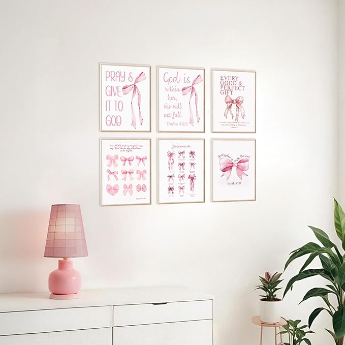 KBKBART Coquette Pink Bow Wall Art Decor Posters– Set of 6 Unframed 8x10 Prints, Inspirational Bible Verse Posters for Girls Room, Aesthetic Christian Decor for Bedroom, Bathroom, or Dorm