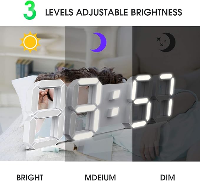 EPSKY 3D White Digital Wall Clock LED Large Alarm Clock Adjustable Brightness 12/24 Hours Display and Date Display for Kitchen Homes Offices Gyms (15inch)