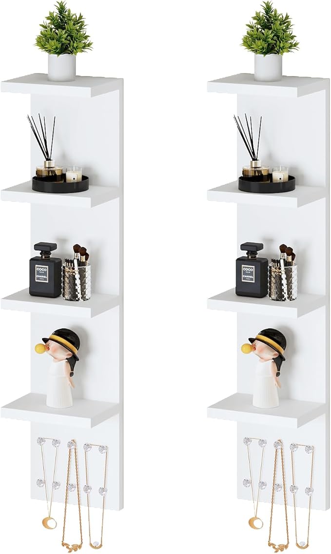 LitaEther 4 Tier White Lack Shelf Vanity Wall Shelf with 10 Crystal Hooks - Multi-Functional Storage for Makeup, Jewelry, Plants, Awards & Display (L7.1 x W5.5 x H30.7) (2)