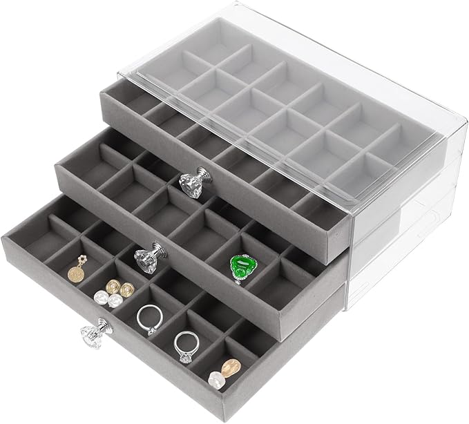 KALLORY Transparent Drawer Jewelry Organizer Box Earring Display Holder Large Capacity Ring Necklace Storage Case for Women Gray Trinket and Makeup Organizer