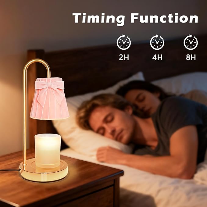 Crystal Club Candle Warmer Lamp with Timer, Dimmable Wax Warmer with Adjustable Brightness, Velvet Lampshade & Bow Design, Gifts for Women Men, Candle Light for Modern Home Decor