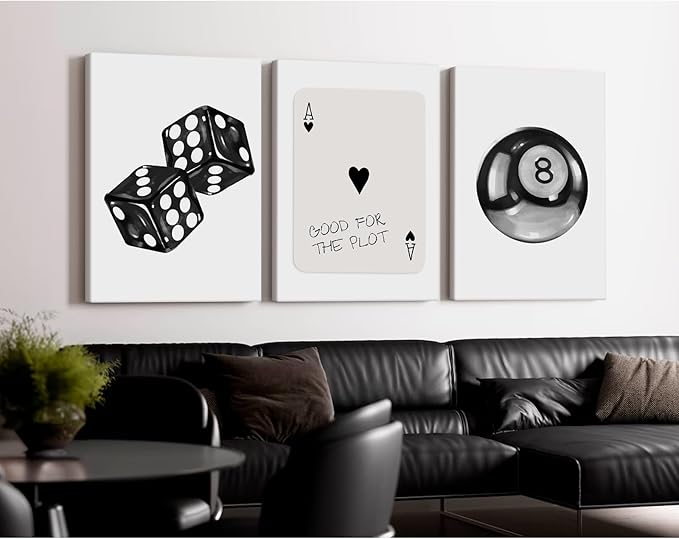 Black White Aesthetic Wall Art Decor 8 Ball Canvas Poster Y2k Cool Dice Pictures Black White Room Decor Trendy Poker Poster Prints Retro Painting Artwork for Apartment Dorm 12x16x3 Inch Ready to Hang