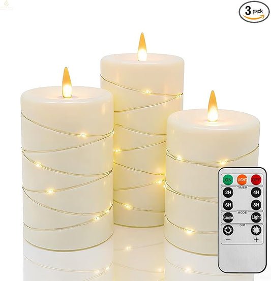 HaitanghuaFlickering flameless Candles, Battery-Powered, with String Lights, Remote Control, Timer, Realistic Plastic Pillar Candles, Ivory White, Set of 3,Durable and Long-Lasting