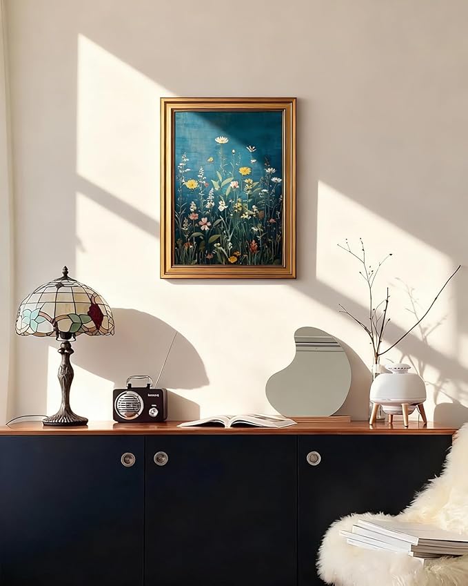 HUARCEY Framed Canvas Wall Art Vintage Decor, Wildflowers Picture Decor, Rustic Vintage Neutral Canvas Paintings Retro Table Desk Pictures for Bedroom Living Room, 12x16Inch