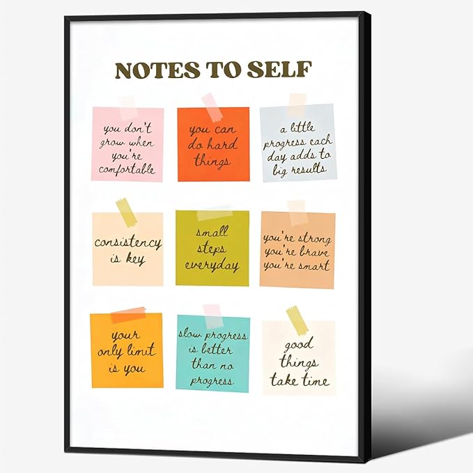 Notes To Self Motivational Quotes Wall Art Mental Health Canvas Poster 16X24 inch Black Framed Modern Colorful Inspirational Prints for Office Home Living Room Wall Decor