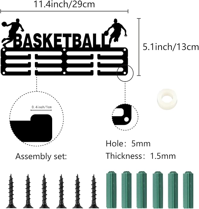 CREATCABIN Basketball Medal Holder Medal Hanger Display Rack Sports Metal Hanging Awards Iron Small Mount Decor Awards for Wall Home Badge Race Running Gymnastics Swimming Medalist Black 11.4x5.1 Inch