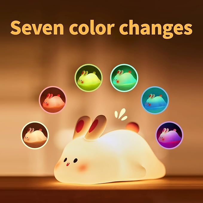 Night Light for Kids, Chubby-Faced Rabbit lamp 3-Level Dimmable USB Rechargeable Lamp with Timer, Soothing Animal Toy for Nursery Bedroom Dorm Decor, Gift for Boys Girls Teens Adults