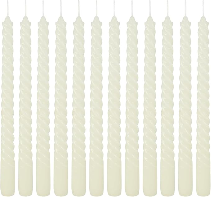 WPONSZU 10 Inch Ivory Spiral Taper Candle Set of 12 Pack Unscented Dripless Candlesticks for Valentine's Day,Dinner,Party,Brithday,Wedding,Christmas,and Home Decoration