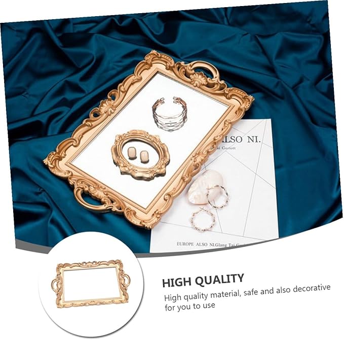 Vintage European Mirror Tray Decorative Makeup and Perfume Storage Organizer, Golden Rectangular Retro Cosmetic Display Plate for Vanity and Room Décor
