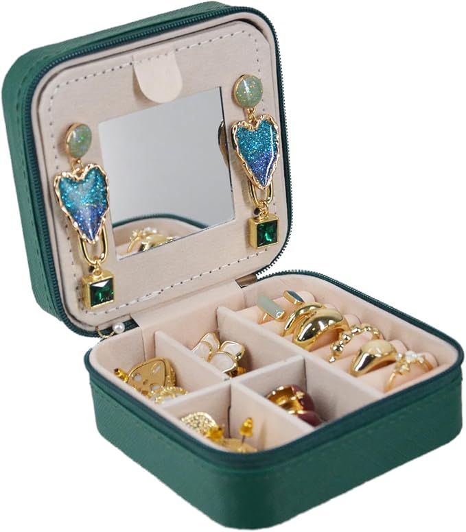 OceeK Travel Jewelry Case Box with Mirror,Travel Jewelry Box Organizer Holder Stocking Stuffers,Green,1 Pack