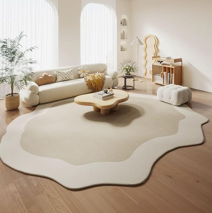 Minimalist Cream Beige Irregular Area Rug 5x7 Modern Abstract Shaped Rugs for Living Room Guestroom Meetingroom Unique Designer Low Pile Washable Carpet Funky Boho Bedroom Home Office Anti Slip Mats