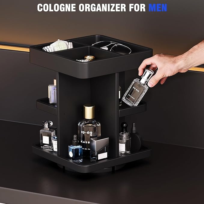 3-Tier Rotating Cologne Organizer for Men, Large-Capacity Wooden Perfume Display Stand for Desk & Nightstand, Rounded Corner Design, Birthday Gift for Men (Black)