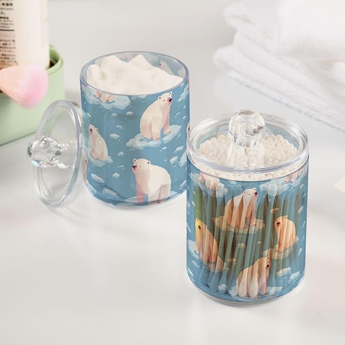 2 Pack Apothecary Jars Winter Blue Polar Bear Bathroom Vanity Storage Organizer Set,Small Clear Plastic Storage Jars Bathroom Canister for Cotton Swabs, Rounds, Balls, Qtips,Makeup Sponges, Flo