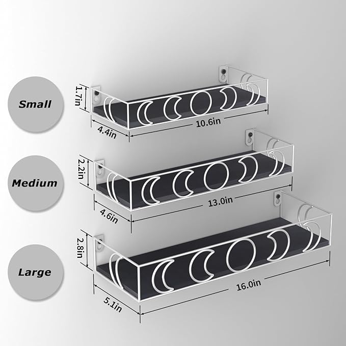 PHAREGE Moon Phase Floating Shelves Black Silver, Set of 3 Small Decorative Wall Shelves for Book Plant Storage, Crystal Figurine Collectibles Display Shelf for Bedroom Kid Room