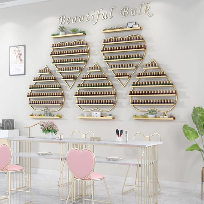 DaryaBrest Wall-Mounted Nail Rack - 5 Tier Metal Display Case (Heart-Shaped) Cosmetic Storage Shelves home Spa Shop (gold)