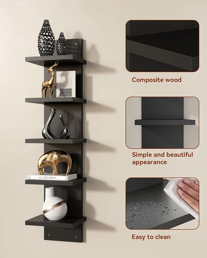 IBUYKE 5 Tier Wall Shelf Unit,Black Vertical Shelf,Floating Storage Shelf,Decorative Wall Mount Vertical Shelving for Home, Bedroom,Living Room,Office Decor WBC009B-2