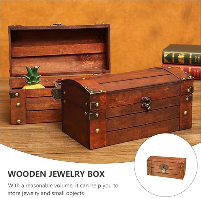 Veemoon Decorative Box Vintage Wooden Treasure Chest Storage Box with Lock Jewelry Case Makeup Storage Organizer Desktop Sundries Container Photo Prop for Home Bathroom Office Keepsake es