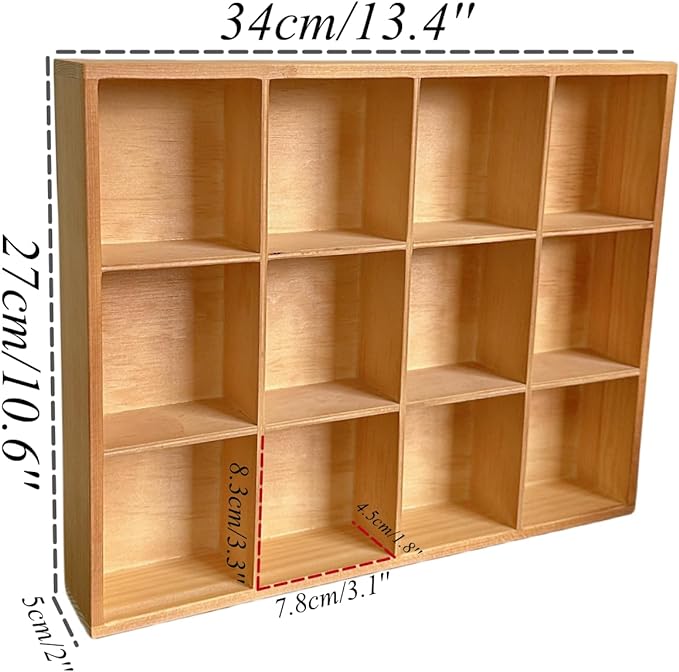 Vintage 12 Compartments Wooden Organizer Box 13.4x10.6x2 Inch Solid Wood Storage Tray Desktop Display for Jewelry Makeup Office Supplies Antique Home Decor Craft Organization (Vintage Color)