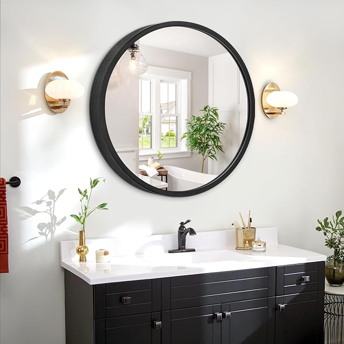 JJUUYOU Circle Wall Mirror 20 Inch for Home Decor Black Round Mirror for Bathroom Wall Mounted Metal Aluminum Frame Vanity Mirror for Living Room, Bedroom, Washroom, Dorm
