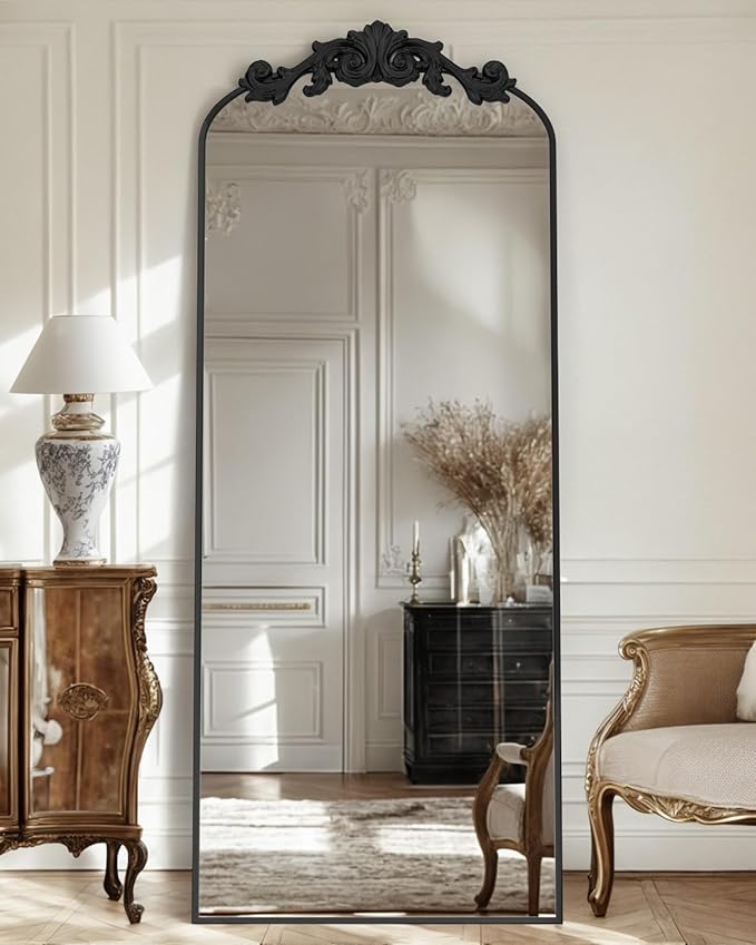 Antok Arched Full Length Mirror, 58"x18" Floor Mirror with Carved, Full Body Mirrors for HomeDecor, Standing/Halling Large Wall Mirror for Bedroom, Living Room, Cloakroom, Black, Retro Style