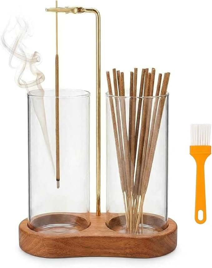 Incense Holder for Sticks with Glass Ash Catcher - Upside Down Anti-Ash Flying Incense Burner & Stick Storage Organizer, Ideal for Meditation, Yoga, Zen Home Decor, Spa Relaxation Gift (Natural Wood)