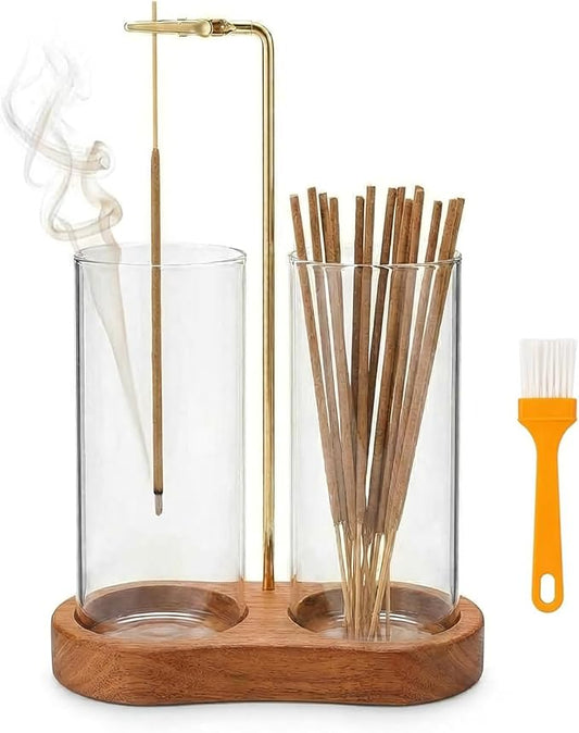 Incense Holder for Sticks with Glass Ash Catcher - Upside Down Anti-Ash Flying Incense Burner & Stick Storage Organizer, Ideal for Meditation, Yoga, Zen Home Decor, Spa Relaxation Gift (Natural Wood)