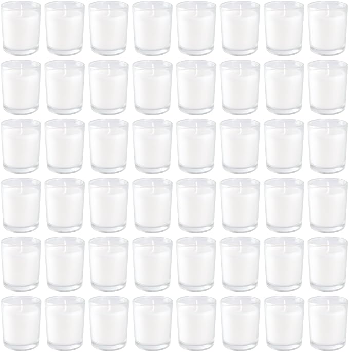 YOROXRG 48 Pack White Unscented Clear Glass Filled Votive Candles. Hand Poured Wax Candle Ideal Gifts for Home Décor Parties Weddings Holidays and Meditation (White)