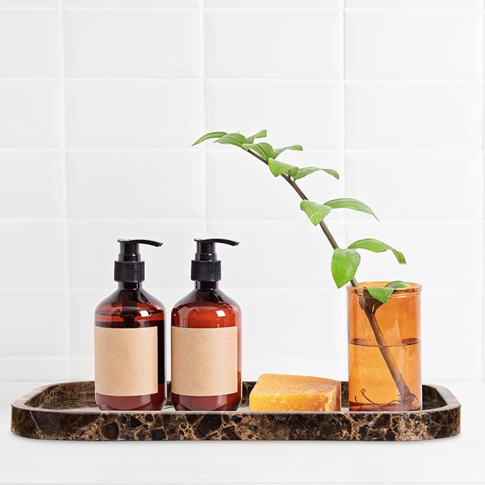 Marble Bathroom Vanity Tray, Natural Marble Home Kitchen Table Tray, Stone Decorative Countertop Serving Organizer for Dresser Coffee Perfume Jewelry Makeup (1, Dark Brown L, 12 * 8 * 0.8)