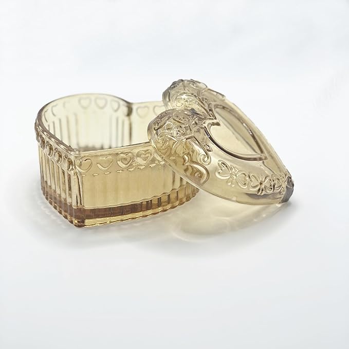 Glass Jewelry Box Heart Shape Cute Box for Storage Ring Earring Trinket Vintage Jewelry Organizer Decorative Gift for Women Girls-GRB003-Amber