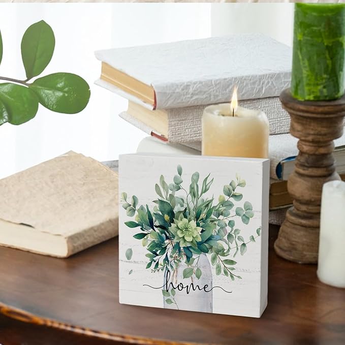 Sage Green Eucalyptus Leaves Wooden Box Sign Decor, Home Sign Shelf Decoration, Rustic Spring Botanical Wooden Block Decor for Home Farmhouse Shelf Tiered Tray Decoration 5x5