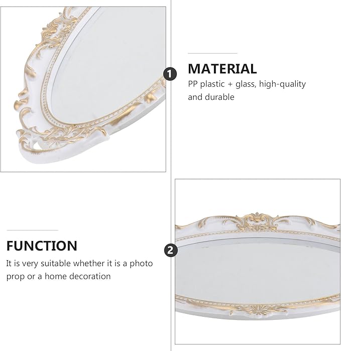 Homoyoyo Vintage Oval Mirror Tray for Cosmetic Perfume Storage, White Retro European Decorative Makeup Organizer Plate for Home Décor and Photography Props