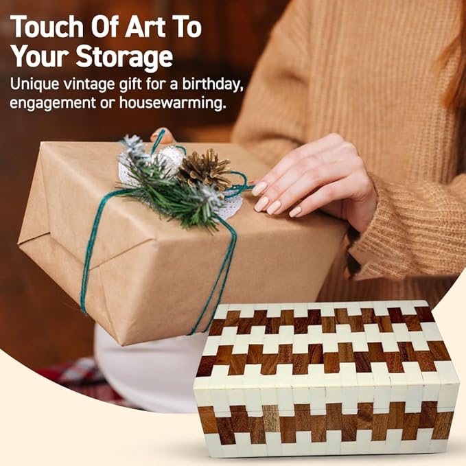 Perilla Home ﻿Home Decor Decorative Storage Wooden Box Small Wooden Organizer Tool Stash Card Craft Trinket Memory Keepsake Jewelry Box for Men and Women, Ticino, Gifts For All, Off White & Brown