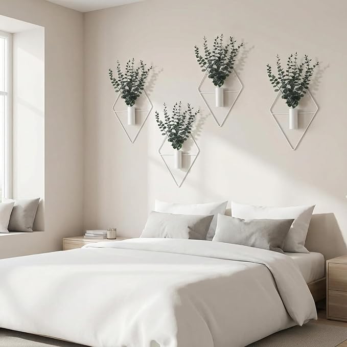 Jexine 4 Pcs Hanging Planters with Artificial Eucalyptus Metal Hanging Vase Indoor Plants Holder Modern Geometric Boho Bathroom Wall Decor for Living Room Home Office (Eucalyptus,White)