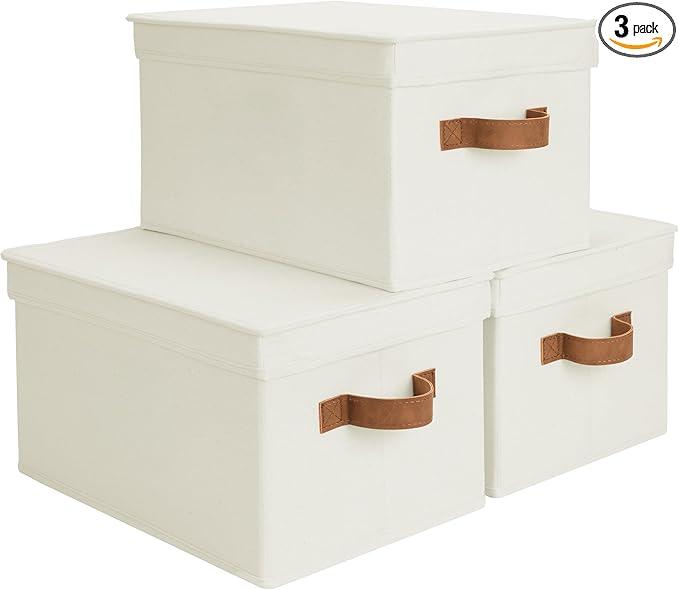 StorageWorks Storage Basket with Lid, Decorative Storage Boxes with PU Handles, Stackable Fabric Storage Bins for Closet, Shelves, Ivory, Large, 3-Pack