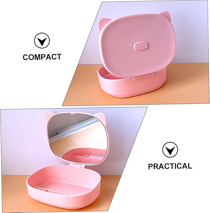 BESPORTBLE Cartoon Cat Ear Jewelry Box with Mirror Cute DIY Makeup Organizer for Boys and Girls Multi-Grid Storage for Earrings and Accessories for Travel and Home Use