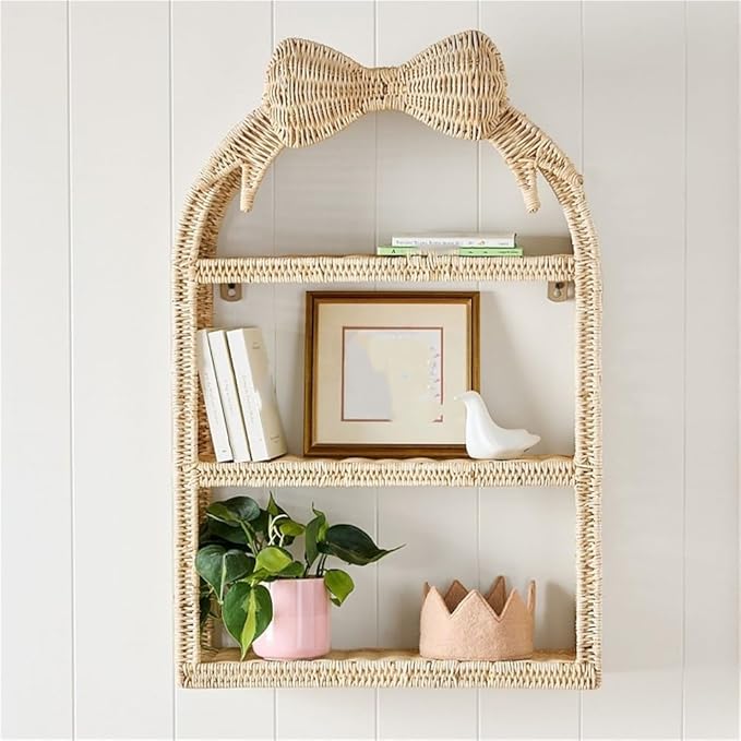 Rattan Wall Hanging Storage Basket, Boho Wall Decor and Woven Wall Shelf, Decorative Rattan Floating Shelves for Bohemian Style House, Cute Wall Art Above Couch or Bed