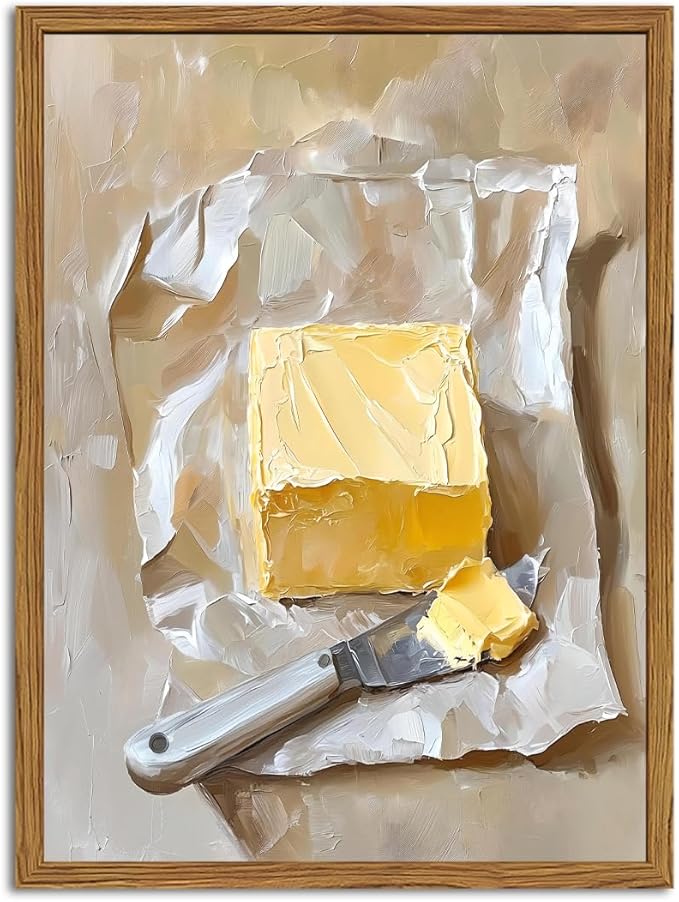 Framed Kitchen Wall Art, Vintage Butter Wall Decor Pictures, Rustic Farmhouse Food Paintings Canvas Prints for Dining Room Living Room Home Decoration 12x16 inch